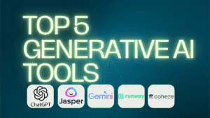 Graphic displaying the Top 5 Generative AI Tools including ChatGPT, Jasper, Runway, Gemini, and Cohere on a modern blue background.