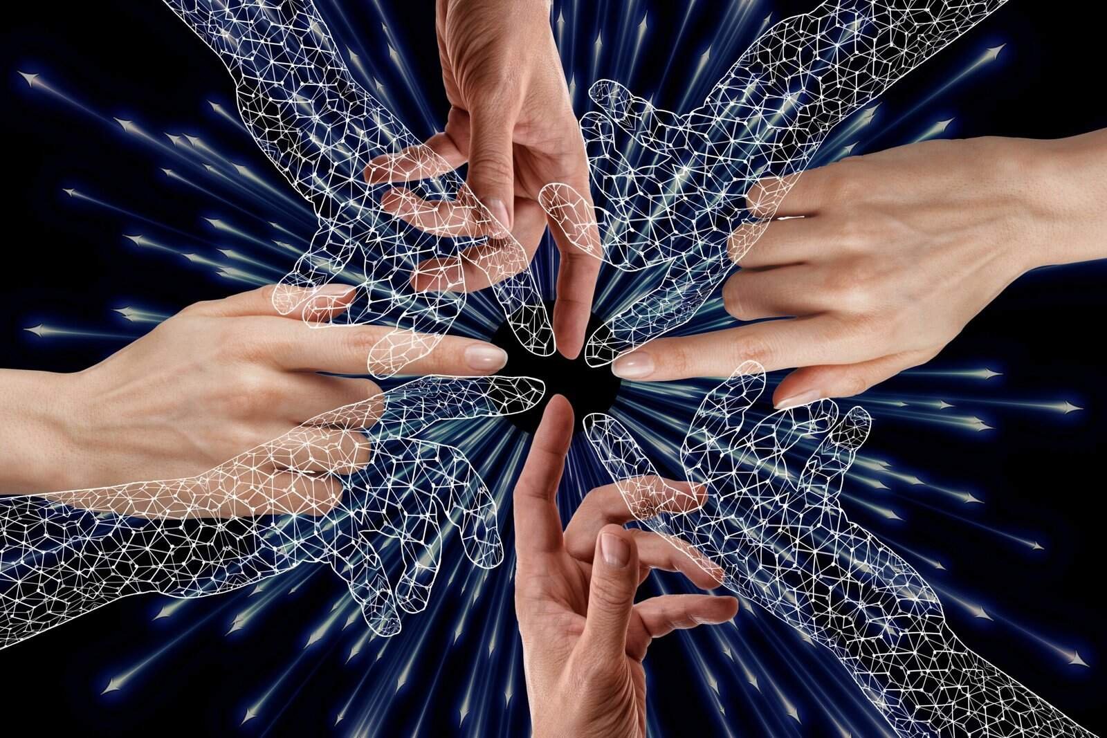 Real Estate AI Agents and human collaboration represented through digital and human hands connecting