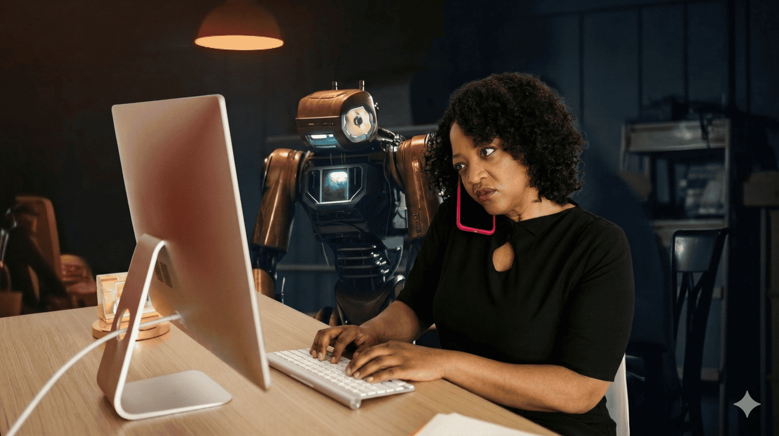 A professional woman multitasking in her office, talking on a pink smartphone while typing on an iMac, illustrating the pressure of manual lead management in real estate and mortgage firms.
