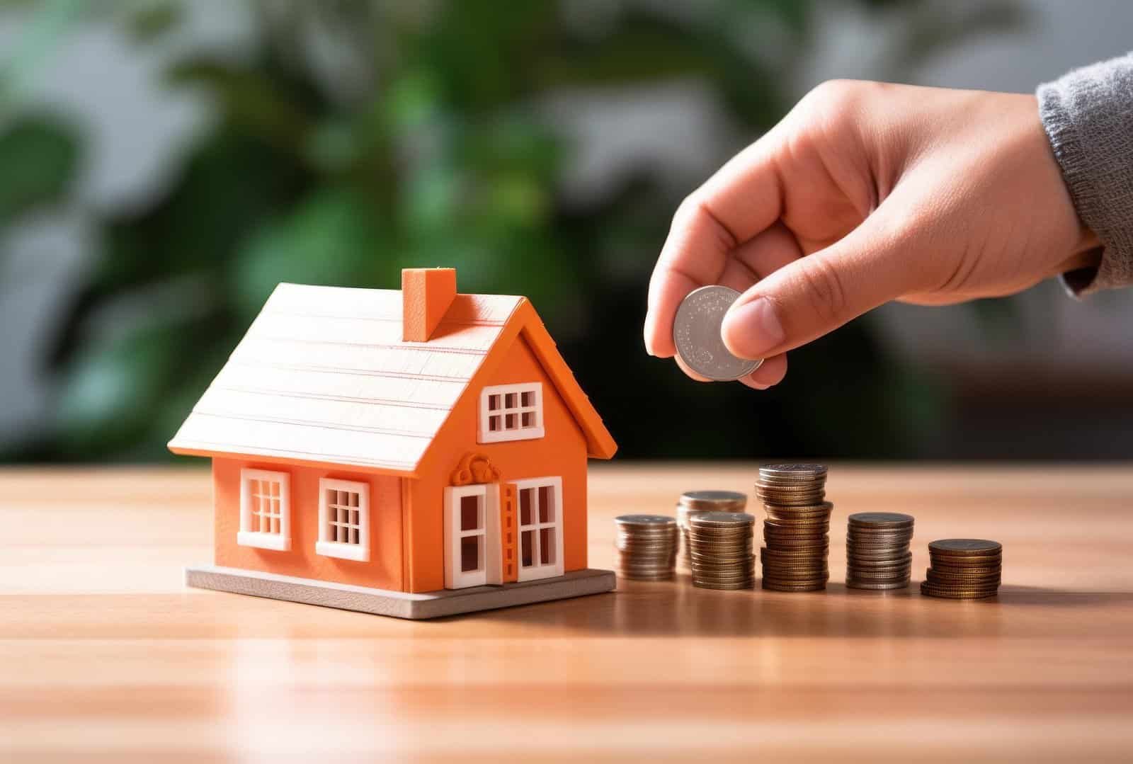 Real estate investment concept with hand placing coin into house model beside stacked coins representing structured revenue growth